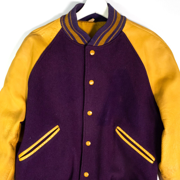 VTG 1960s Butwin Purple Gold Leather & Wool Letterman Jacket 42 - Picture 6 of 16